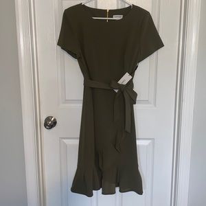 Calvin Klein Short Sleeve Crew Neck Ruffle Tulip Hem Belted Dress